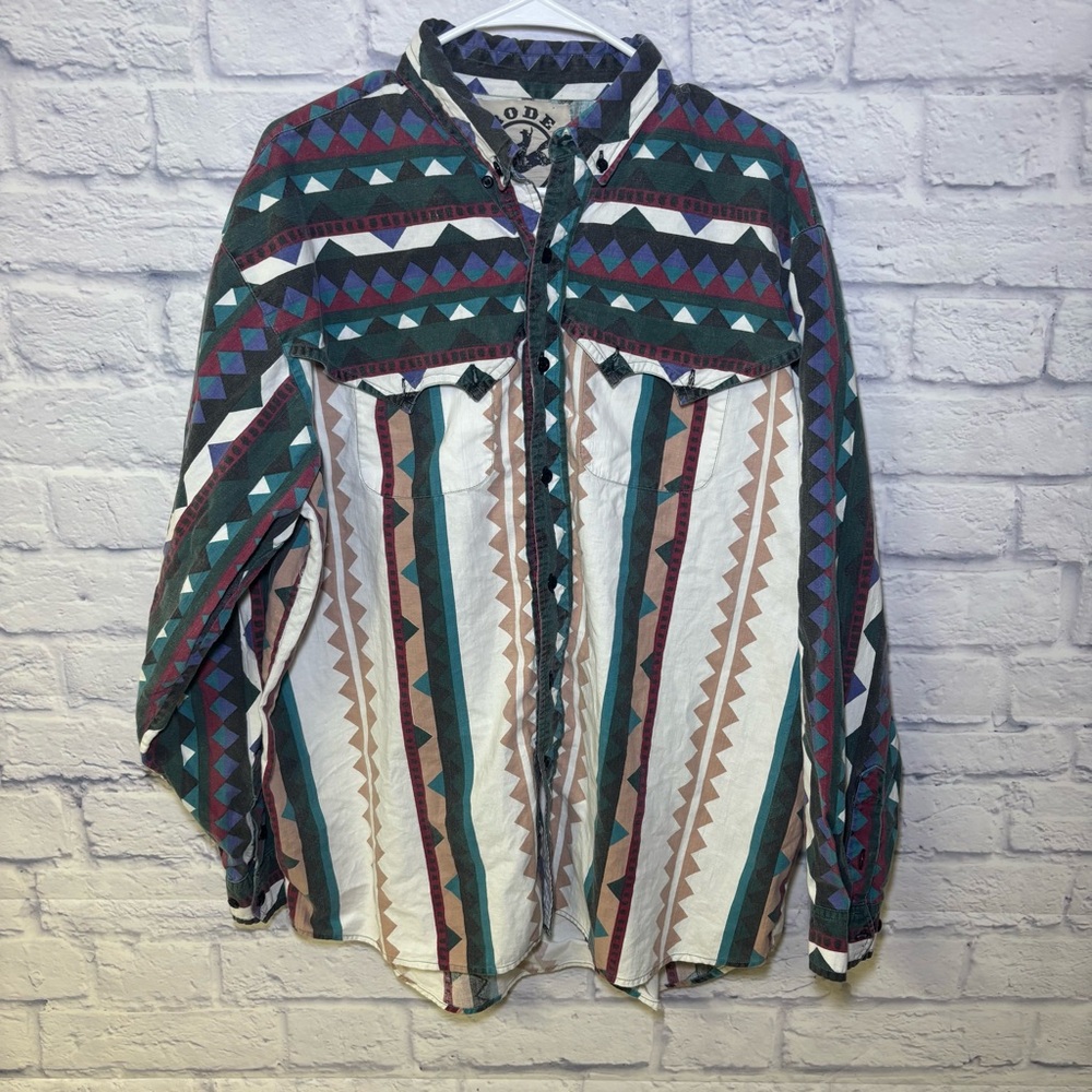Vintage 90s Rodeo Active Western Aztec Geometric Long Sleeve Shirt Size XL